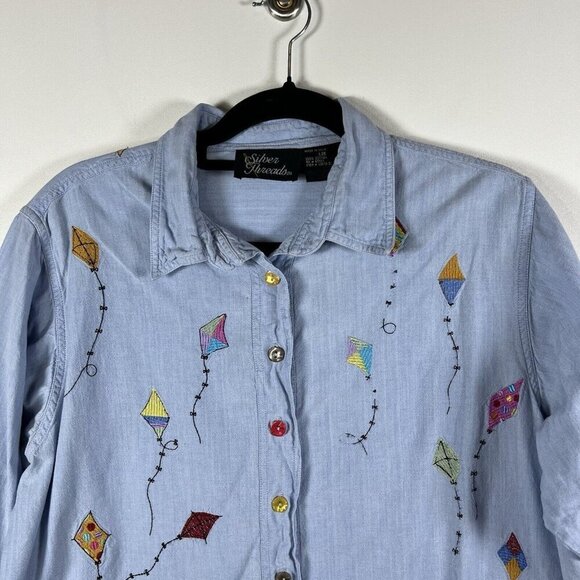 Vintage Button Up Chambray Top Kite Design Embroidery Womens Sz Large Cotton - Picture 3 of 8